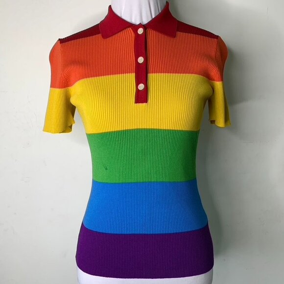Rokh Women's Rainbow Short Sleeve Ribbed Collared Shirt Top Size Medium - Picture 1 of 12